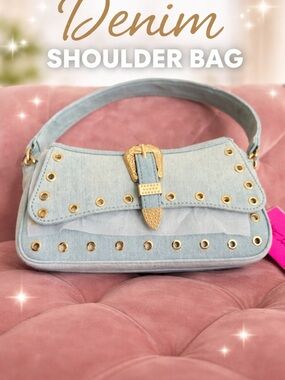 Betsy Johnson Denim Shoulder Bag with Gold Accents - Light Blue